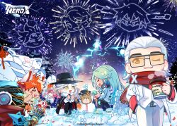  1other 2boys 3girls ;) absolutely_everyone aerial_fireworks ahu_(to_be_hero_x) animal animal_ears armor big_johnny_(to_be_hero_x) black_cape black_shirt blue_hair brown_eyes cape carrot chinese_commentary coat commentary_request confetti cup disposable_cup dragon_boy_(to_be_hero_x) e-soul_(to_be_hero_x) earmuffs electricity everyone fedora fireworks fox_ears fur_trim ghostblade_(to_be_hero_x) hair_slicked_back hand_in_pocket hat headphones headphones_around_neck heart helmet highres holding holding_cup kemonomimi_mode lantern little_johnny_(to_be_hero_x) loli_(to_be_hero_x) long_hair multiple_boys multiple_girls musical_note nice_(to_be_hero_x) night official_art one_eye_closed outstretched_arm paper_lantern promotional_art red_scarf scarf shirt sleigh smile snow snowman steaming_cup to_be_hero to_be_hero_x very_long_hair vest white_coat white_hair white_vest yellow_eyes 