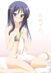  bed_sheet black_eyes black_hair blush gift hairband highres hime_cut hoppege k-on! long_hair naked_sheet nude smile towel 