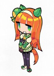  1girl absurdres animal_ears birdblitz black_bow black_bowtie black_gloves black_pantyhose blush bow bowtie chibi chibi_only commentary ear_covers english_commentary full_body gloves green_eyes green_skirt hairband highres horse_ears horse_girl horse_tail looking_at_viewer own_hands_together pantyhose red_hair silence_suzuka_(innocent_silence)_(umamusume) silence_suzuka_(umamusume) simple_background skirt solo tail umamusume white_background 