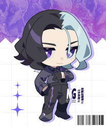  1boy absurdres ame_akira amethio_(pokemon) barcode black_pants bright_pupils chibi chibi_only closed_mouth collared_shirt commentary full_body gloves hand_in_pocket hand_on_own_chest highres male_focus medium_hair pants pokemon pokemon_(anime) pokemon_horizons shirt shoes smile solo standing symbol-shaped_pupils triangle-shaped_pupils violet_eyes watermark white_pupils 