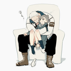  1boy 1girl antenna_hair armchair black_pants black_socks blush boots brown_boots chair cigar commentary_request dress embarrassed full_body fur-trimmed_jacket fur_trim grey_dress grey_hair highres hug hug_from_behind jacket kabane_(rjev8385) lace-up_boots long_sleeves oc_x_canon on_chair one_piece original pants pleated_dress sailor_collar sailor_dress short_hair single_slipper sitting sitting_on_lap sitting_on_person slippers smoker_(one_piece) socks sweatdrop translation_request unworn_slippers white_background white_hair white_jacket white_sailor_collar white_slippers 