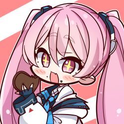  +_+ 1girl :d \||/ absurdres black_gloves blue_archive blue_necktie candy chibi chibi_only chocolate collared_shirt fang fingerless_gloves food food_on_face gloves hair_between_eyes happy hashtag-only_commentary heart heart-shaped_chocolate heart-shaped_food highres holding holding_food koyuki_(blue_archive) long_hair long_sleeves looking_at_viewer nckak9rjjdjff4e necktie open_mouth outline pink_background pink_eyes pink_hair school_uniform shirt simple_background skin_fang smile solo thick_eyebrows twintails upper_body very_long_hair white_outline white_shirt wide_sleeves 