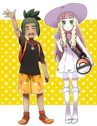  1boy 1girl black_shirt blonde_hair closed_eyes dress full_body green_eyes green_hair hat hau_(pokemon) lillie_(pokemon) looking_at_viewer open_mouth pccb_tika pokemon pokemon_sm shirt star_(symbol) sun_hat waving white_dress white_hat 