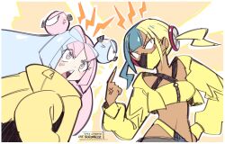  2girls anger_vein aqua_hair bandeau black_mask blank_eyes blonde_hair blue_hair bow-shaped_hair breasts canari_(pokemon) center-flap_bangs character_hair_ornament cheesecakes_by_lynx criss-cross_halter fake_hair_bun hair_ornament halterneck iono_(pokemon) jacket long_hair magnemite mask mouth_mask multicolored_hair multiple_girls open_mouth oversized_clothes pink_hair pokemon pokemon_legends:_z-a pokemon_sv sharp_teeth short_twintails sleeves_past_fingers sleeves_past_wrists split-color_hair teeth twintails two-tone_mask v-shaped_eyebrows very_long_sleeves yellow_bandeau yellow_jacket yellow_mask 