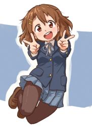  1girl beachepisode blue_skirt blush breasts brown_eyes brown_hair brown_pantyhose brown_shoes double-parted_bangs double_v full_body hair_between_eyes hair_ornament hairclip highres hirasawa_yui k-on! loafers looking_at_viewer open_mouth pantyhose parallel_hairclips pleated_skirt sakuragaoka_high_school_uniform school_uniform shoes short_hair skirt small_breasts smile solo teeth tongue upper_teeth_only v 