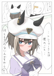  1girl absurdres animal_ears blue_eyes brown_hair cheval_grand_(umamusume) ear_covers ear_ornament ears_through_headwear grey_hair hair_between_eyes hat hat_belt highres horse_ears horse_girl multicolored_hair peaked_cap purple_serafuku school_uniform serafuku single_ear_cover streaked_hair tracen_school_uniform umamusume white_hat yeconer 