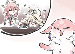  2girls alice_(genshin_impact) animal_ears blonde_hair closed_eyes closed_mouth drooling drunk fox fox_ears genshin_impact highres japanese_clothes long_sleeves miko multiple_girls open_mouth pink_hair simple_background smile spoken_character white_background xinzoruo yae_miko yae_miko_(fox) 