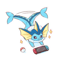  animal_focus blue_fur cetacean_tail closed_mouth fins fish_tail forked_tail full_body head_fins highres neko_gyoza nintendo_switch no_humans poke_ball pokemon pokemon_(creature) pokemon_focus simple_background smile solo star_(symbol) tail tail_wagging vaporeon white_background 