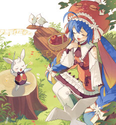  1girl :d ahoge animal apple apron arm_at_side arm_support ascot basket bird black_bow black_bowtie blonde_hair blue_hair bow bowtie braid brown_ascot brown_bow brown_skirt closed_eyes clothing_cutout colored_inner_hair commentary_request double-parted_bangs dove eel_hat fang feet_out_of_frame flower food frilled_apron frilled_hat frilled_skirt frilled_sleeves frills from_above fruit grass hair_between_eyes hair_flower hair_ornament hand_on_own_chest hat hat_bow holding holding_instrument huge_ahoge instrument large_hat layered_sleeves log long_hair low-braided_long_hair low-tied_long_hair low_twintails medium_skirt multicolored_hair musical_note open_mouth orange_vest otomachi_una outdoors pantyhose plant rabbit red_flower red_hair red_hat shirt shoulder_cutout simple_background sitting sitting_on_log skirt smile solo streaked_hair suiso_sn3 sunlight tongue traditional_bowtie tree tree_stump twintails u_u very_long_hair vest vocaloid white_apron white_background white_bird white_bow white_flower white_pantyhose white_rabbit_(animal) white_shirt wide_sleeves 