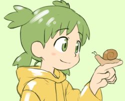  1girl beachepisode blush closed_mouth green_background green_eyes green_hair hood hood_down koiwai_yotsuba long_sleeves raincoat short_hair simple_background smile snail solo upper_body yellow_raincoat yotsubato! 