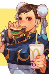  1girl blush bracelet breasts brown_eyes brown_hair bun_cover burger china_dress chinese_clothes chun-li cup disposable_cup double_bun dress earrings eating food food_in_mouth hair_bun hankuri holding holding_burger holding_cup holding_food jewelry looking_at_viewer mcdonald&#039;s short_hair solo spiked_bracelet spikes street_fighter studded_bracelet upper_body 
