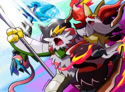 3others absurdres animal_ear_fluff black_eyes bright_pupils chesnaught commentary delphox english_commentary fangs fire furry greninja harlequinwaffles highres holding holding_weapon long_tongue mega_chesnaught mega_delphox mega_greninja mega_pokemon multiple_others open_mouth pink_eyes pokemon pokemon_(creature) pokemon_legends:_z-a red_eyes smile sparkle starter_pokemon_trio stick tongue upside-down very_long_tongue weapon white_pupils