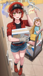  2boys 2girls :d ^_^ absurdres adjusting_clothes adjusting_headwear ae-3803 ahoge ankle_boots aqua_shirt arched_back badge bag baseball_cap black_shirt black_socks blue_shorts blurry blurry_background blush boots box breast_pocket brown_bag building button_badge cardboard_box cart character_name closed_eyes clothes_writing collarbone colored_skin commentary denim denim_shorts door doorway fighting flag from_above gloves hair_between_eyes hand_on_own_hat hat hat_ornament hataraku_saibou highres holding holding_bag holding_box holding_flag jacket long_hair looking_at_viewer looking_up messenger_bag multiple_boys multiple_girls newsboy_cap open_clothes open_door open_jacket pants parted_lips pigeon-toed platelet_(hataraku_saibou) pneumococcus_(hataraku_saibou) pocket pov_doorway pushcart red_blood_cell_(hataraku_saibou) red_boots red_hair red_hat red_jacket running salute shirt short_hair short_shorts short_sleeves shorts shoulder_bag silvertsuki smile socks standing t-shirt teeth tentacles tile_floor tiles translated u-1146 upper_teeth_only very_long_hair white_blood_cell_(hataraku_saibou) white_gloves white_hat white_pants white_shirt white_skin work_boots yellow_eyes 