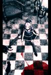  blood blurry cat chair checkered checkered_floor depth_of_field floor from_above gothic_lolita highres lamp lolita_fashion mubouou_aasaa oekaki_musume original sitting solo 