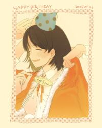  1girl black_hair blush cape character_name chopsticks closed_eyes commentary_request dated fur-trimmed_cape fur_trim futsuu_no_keion-bu happy_birthday hat hatono_chihiro highres holding holding_chopsticks holding_with_chopsticks marzipan medium_hair neck_ribbon out_of_frame party_hat red_cape red_ribbon ribbon runrun_(kvtrz) smile upper_body 