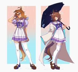  2girls absurdres agnes_tachyon_(umamusume) ahoge animal_ears blush bow bowtie breasts brown_eyes brown_hair calamity_brezze closed_mouth coat ear_ornament earrings frown full_body hair_between_eyes hair_ornament hairclip highres holding holding_umbrella horse_ears horse_girl horse_tail huge_ahoge jewelry jungle_pocket_(umamusume) lab_coat long_sleeves looking_at_another medium_hair multicolored_hair multiple_girls notched_ear open_clothes open_coat puffy_short_sleeves puffy_sleeves purple_bow purple_shirt rain red_eyes sailor_collar sailor_shirt school_uniform shirt shoes short_sleeves single_earring skirt sleeves_past_fingers sleeves_past_wrists smile squinting streaked_hair tail thigh-highs tracen_school_uniform umamusume umbrella white_coat white_sailor_collar white_skirt white_thighhighs zettai_ryouiki 