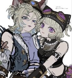  !_(rsa_yuhr) 2girls :3 amanda_gaddis amanda_gaddis_(feast_on_this_shore) animal_ear_headwear animal_ears arched_back arm_strap bandaid bandaid_on_arm black_gloves blonde_hair blue_eyes colored_tips crop_top crossed_bandaids elbow_gloves eyeshadow frilled_gloves frilled_shirt_collar frills gloves goggles goggles_on_headwear gradient_hair highres identity_v jewelry looking_at_viewer makeup multicolored_hair multiple_girls navel necklace official_alternate_costume pearl_necklace pink_lips purple_eyeshadow purple_lips red_eyeshadow short_twintails tracy_reznik tracy_reznik_(lock_core) turtleneck twintails upper_body violet_eyes 