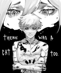  1boy 1girl absurdres after_battle animal blood blood_on_chest blood_on_face cat chainsaw_man cross-shaped_pupils denji_(chainsaw_man) english_text greyscale hair_between_eyes highres holding holding_animal holding_cat looking_at_viewer monochrome power_(chainsaw_man) sad short_hair siamese_cat solo_focus symbol-shaped_pupils xyanaid 