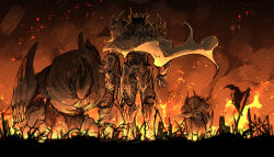  1other armor arms_at_sides blot_plot burning cape clenched_hand commentary_request destruction embers faulds fire flag floating_cape from_behind full_armor full_body gauntlets horns kankan33333 kneeling monster on_one_knee original pauldrons shoulder_armor smoke standing 