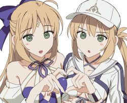  2girls argyle_clothes artoria_caster_(fate) artoria_caster_(swimsuit_berserker)_(second_ascension)_(fate) artoria_caster_(swimsuit_berserker)_(third_ascension)_(fate) artoria_pendragon_(fate) blonde_hair blue_dress bobi bow_legwear dress fate/grand_order fate_(series) multiple_girls puffy_short_sleeves puffy_sleeves short_sleeves striped_clothes vertical-striped_clothes 