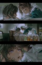  2girls absurdres apron aqua_feathers artist_name bathtub bottle brown_hair candle candlestand chinese_commentary commentary_request eye_contact feather_hair_ornament feathers finger_in_another&#039;s_mouth hair_ornament hand_in_another&#039;s_hair highres in_bathtub indoors isolde_(reverse:1999) kakania_(reverse:1999) looking_at_another maid multiple_girls multiple_views reverse:1999 round_eyewear scene_reference the_handmaiden_(movie) vase violet_eyes volcanoyyy white_apron yellow_eyes 