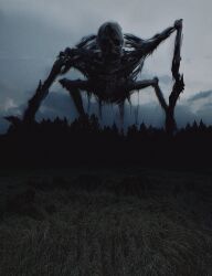  all_fours clouds cloudy_sky day field forest giant giant_monster grey_sky highres horror_(theme) kakesoba looking_at_viewer monster nature no_humans original outdoors skeleton sky 