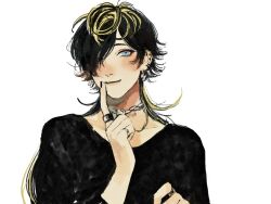  1boy aimono_jyushi black_hair black_nails black_shirt blonde_hair blonde_streaks blue_eyes blush chain chain_necklace closed_mouth collarbone commentary_request ear_piercing earrings faux_traditional_media finger_to_mouth hair_over_one_eye hand_up hoop_earrings hypnosis_mic jewelry light_smile long_hair looking_at_viewer male_focus morikomori multicolored_hair multiple_piercings multiple_rings necklace negative_space nose_blush parted_bangs piercing pinky_ring ring runes shirt silver_ring simple_background solo streaked_hair three-quarter_sleeves two-tone_hair upper_body white_background 