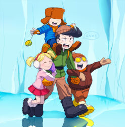 1girl 3boys age_difference arm_hug backpack bag beanie black_hair blonde_hair blush boots carrying child clenched_hands closed_eyes codename:_kids_next_door commentary_request dragging duplicate earmuffs fingerless_gloves gloves goggles hat hat_over_eyes ice lee_(knd) mittens multiple_boys numbuh_60 open_mouth outstretched_arm reflection scarf short_twintails shoulder_carry skirt smile sonya_(knd) sweatdrop t_k_g thomas_gilligan translated twintails walking 