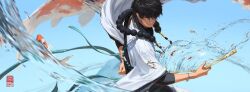  1boy artist_logo artist_name bead_necklace beads black_hair blue_background bracelet chinese_clothes commentary english_commentary fish gradient_background highres hydrokinesis jewelry kan_liu_(666k) koi logo male_focus necklace original short_hair simple_background solo water wide_sleeves 
