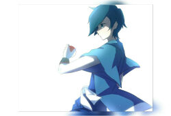  1boy blue_eyes blue_hair blue_kimono commentary_request dated_commentary falkner_(pokemon) from_side hand_up haori holding holding_poke_ball iogi_(iogi_k) japanese_clothes kimono male_focus partial_commentary poke_ball poke_ball_(basic) pokemon pokemon_gsc profile short_hair short_sleeves simple_background solo standing white_background wide_sleeves wristband 