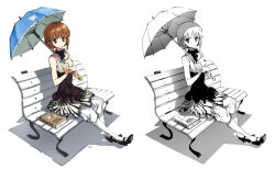  2girls animal_print archived_source bad_link bare_arms bare_shoulders bench black_dress black_ribbon black_shoes blue_umbrella book braid braided_sidelocks brown_eyes brown_hair butterfly_print dress dual_persona etolie_granche frilled_dress frills greyscale halftone high_heels holding holding_umbrella layered_skirt looking_at_viewer monochrome multiple_girls neck_ribbon on_bench platonic_supernova print_umbrella ribbon shadow shirt shoe_soles shoes short_hair sidelocks sitting skirt striped_clothes striped_skirt tiv umbrella underbust white_shirt white_skirt wooden_bench 