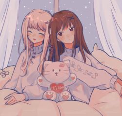  1girl 1other :d :| ^_^ akiyama_mizuki alternate_hair_length alternate_hairstyle arm_at_side arm_rest bow brown_hair closed_eyes closed_mouth commentary curtains english_text facing_ahead flower hair_bow hair_ornament heads_together heart highres kyline leaning_on_person light_blush long_hair long_sidelocks looking_to_the_side night night_sky open_mouth outstretched_arms pillow pink_bow pink_flower pink_hair pink_sweater project_sekai shinonome_ena side-by-side sidelocks sideways_glance sky smile star_(sky) stuffed_animal stuffed_cat stuffed_toy sweater swept_bangs under_covers upper_body window x_hair_ornament 