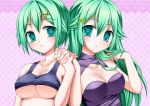  adjusting_hair aqua_eyes blush breasts bucchake_(asami) cleavage green_eyes green_hair hand_holding hand_in_hair hands_clasped holding_hands interlocked_fingers kaitou_tenshi_twin_angel looking_at_viewer multiple_girls nine_violet siblings smile tank_top tesla_violet twins under_boob underboob 