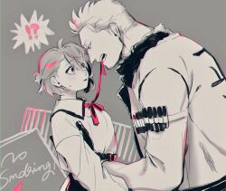  !? 1boy 1girl asymmetrical_bangs blush cigar collared_shirt commentary_request couple eye_contact from_side fur-trimmed_jacket fur_trim gloves grey_background hair_between_eyes hand_on_another's_waist hetero highres jacket kabane_(rjev8385) long_sleeves looking_at_another mouth_hold neck_ribbon oc_x_canon one_piece open_mouth original ponytail profile red_ribbon ribbon ribbon_in_mouth shirt short_hair short_ponytail skirt small_sweatdrop smoker_(one_piece) spot_color standing teeth untying upper_body zipper 