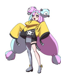  1girl black_shorts bow-shaped_hair character_hair_ornament commentary_request full_body grey_background grey_shoes hair_ornament highres iono_(pokemon) jacket knees long_hair long_sleeves multicolored_hair omoitsuka open_mouth pokemon pokemon_sv shoes shorts single_leg_pantyhose sleeves_past_fingers sleeves_past_wrists solo standing star_(symbol) star_print teeth thigh_strap tongue twintails two-tone_hair violet_eyes yellow_jacket 