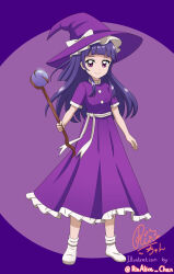  1girl absurdres bow commission cosplay dress frilled_hat frills hat hat_bow highres izayoi_liko kirisame_marisa kirisame_marisa_(pc-98) kirisame_marisa_(pc-98)_(cosplay) long_hair mahou_girls_precure! orb precure purple_dress purple_hair purple_hat rinalice_chan second-party_source short_sleeves signature smile socks touhou touhou_(pc-98) twitter_username violet_eyes white_socks witch_hat 