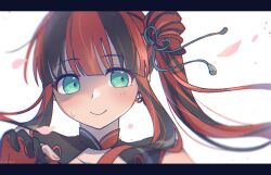  1girl bang_dream! black_gloves black_hair black_shirt blue_ribbon blunt_bangs blurry closed_mouth collared_shirt commentary_request curled_fingers depth_of_field earrings facing_viewer falling_petals floating_hair gloves green_eyes hair_ribbon hand_up highres jewelry letterboxed long_sidelocks looking_to_the_side multicolored_hair nyubara_reona partially_fingerless_gloves petals pink_petals portrait red_gloves red_hair ribbon shirt side_ponytail sidelocks single_earring sleeveless sleeveless_shirt smile solo sweatdrop tassel two-tone_gloves two-tone_hair umaa42 white_background wind 