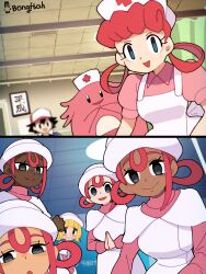  1boy absurdres ash_ketchum ashley_(pokemon) baseball_cap black_hair blonde_hair bongftah chansey crossdressing crossdressing_(mtf) dark-skinned_female dark_skin dress grey_eyes hair_rings hat highres joy_(pokemon) joy_(pokemon_legends:_z-a) long_sleeves meme nine_years_in_a_coma_(meme) nurse nurse_cap open_mouth pink_hair pink_shirt pokemon pokemon_(anime) pokemon_(classic_anime) pokemon_(creature) pokemon_center pokemon_legends:_z-a shirt short_hair smile turtleneck very_dark_skin white_dress 