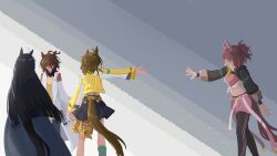  4girls agnes_tachyon_(tach-nology)_(umamusume) agnes_tachyon_(umamusume) ahoge animal_ears black_coat black_hair black_leggings black_shrug blue_skirt breasts brown_hair closed_mouth coat dantsu_flame_(center_spotlight)_(umamusume) dantsu_flame_(umamusume) ear_covers ear_tag earrings hair_between_eyes highres horse_ears horse_girl horse_tail huge_ahoge jacket jewelry jungle_pocket_(champion's_battle_cry)_(umamusume) jungle_pocket_(umamusume) lab_coat large_breasts leggings leggings_under_shorts long_hair long_sleeves manhattan_cafe_(creeping_black)_(umamusume) manhattan_cafe_(umamusume) medium_hair midriff multicolored_hair multiple_girls open_mouth outstretched_arm pink_shirt pink_shorts ruisuke shirt shorts shrug_(clothing) simple_background single_earring skirt sleeves_past_fingers sleeves_past_wrists sweater sweater_vest tail tied_shirt umamusume umamusume:_beginning_of_a_new_era white_coat white_hair white_shirt yellow_jacket yellow_sweater yellow_sweater_vest 