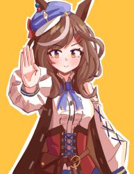  1girl absurdres animal_ears belt_bag blue_hat blush bow breasts brown_hair center_frills clothing_cutout corset ear_ornament ears_through_headwear frills hair_ornament hairclip haniiders hat highres horse_ears horse_girl horse_tail looking_at_viewer matikanetannhauser_(panpaka_tiltott)_(umamusume) matikanetannhauser_(umamusume) medium_breasts medium_hair multicolored_hair newsboy_cap red_corset shoulder_cutout simple_background smile solo streaked_hair tail tilted_headwear umamusume yellow_eyes 