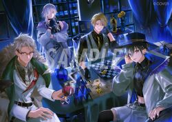  4boys :p alcohol alternate_costume alternate_hair_length alternate_hairstyle aqua_hair armchair arurandeisu badge bare_shoulders belt belt_buckle between_fingers black_belt black_choker black_gloves black_hair black_hat black_jacket black_nails black_shirt black_tank_top black_thighhighs blonde_hair blue_eyes blue_jacket board_game bottle bracelet briefcase buckle building buttons chain chain_necklace chair chess chess_piece chessboard choker coat coin collar_chain_(jewelry) collared_shirt colored_lapels copyright_notice cropped_shirt cup curtained_hair curtains double-breasted drinking_glass earrings fedora feet_out_of_frame flower fur-trimmed_coat fur-trimmed_jacket fur_trim glasses gloves go_(board_game) gold_coin gold_necklace gradient_clothes gradient_jacket green_eyes grey_hair hair_between_eyes hair_ornament hair_over_one_eye hairclip hand_on_own_cheek hand_on_own_face hand_on_own_knee hand_to_own_mouth hands_in_pockets hands_up harness hat holding holding_coin holding_cup holostars house_of_cards indoors jacket jewelry kanade_izuru kishido_temma lapels lightning_bolt_hair_ornament lightning_bolt_symbol long_hair long_sleeves looking_at_viewer mafia male_focus midriff multicolored_hair multiple_boys multiple_necklaces muntins nail_polish necklace necktie night notched_lapels o-ring o-ring_belt o-ring_harness off_shoulder official_art open_clothes open_jacket pants paper parted_bangs parted_lips pendant pierced_hat pink_hair print_jacket purple_hair purple_jacket red_wine rose sample_watermark shirt short_hair shorts sitting skyscraper sleeves_rolled_up smile standing streaked_hair suit suspender_shorts suspenders table tablecloth tank_top thigh-highs tongue tongue_out two-sided_fabric two-sided_jacket ueauwa upper_body utsugi_uyu vase very_long_hair vest violet_eyes virtual_youtuber wallet_chain watermark white_belt white_hair white_jacket white_necktie white_pants white_shorts white_suit white_vest window wine wine_bottle wine_glass yellow_coat yellow_flower yellow_necktie yellow_rose 