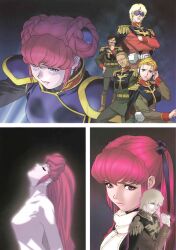  2girls 3boys absurdres aged_down apolly_bay blonde_hair char's_deleted_affair char_aznable character_name epaulettes gundam haman_karn highres kitazume_hiroyuki looking_at_viewer multiple_boys multiple_girls neo_zeon pink_hair removing_eyewear roberto_(gundam) scan science_fiction spoilers sunglasses traditional_media turtleneck 