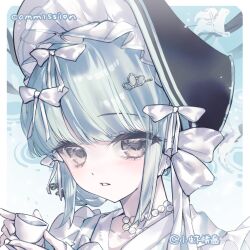  1girl artist_name black_bonnet blue_hair blush bonnet bow brown_eyes cup hair_bow highres holding holding_cup looking_at_viewer original parted_lips portrait shirt short_hair sidelocks solo white_bow white_shirt xiao_xia_pin_pan 