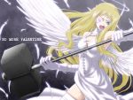  angel blonde_hair blue blue_eyes eyepatch gloves hammer iga_tomoteru long_hair original valentine weapon white wings 