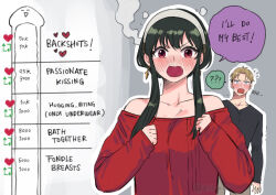  1boy 1girl bare_shoulders black_hair blonde_hair breasts earrings hairband highres husband_and_wife jewelry kiss_chart large_breasts long_hair long_sleeves looking_at_viewer multiple_drawing_challenge open_mouth red_eyes red_sweater rusky shirt short_hair sidelocks spy_x_family sweater twilight_(spy_x_family) yor_briar 