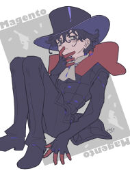  1boy artist_name ascot black_cape black_eyes black_gloves black_hair black_hat black_pants black_shoes bullet cape character_name covering_own_mouth gloves grey_ascot gun hand_over_own_mouth handgun hat highres jojo_no_kimyou_na_bouken karumonn knees_up limited_palette looking_at_viewer magenta_magenta male_focus messy_hair multicolored_gloves pants red_cape red_gloves shoes short_hair signature sitting solo steel_ball_run top_hat weapon 
