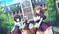  3girls black_hair blue_hair bob_cut breasts brown_hair closed_mouth colored_inner_hair crosshair_pupils dark-skinned_female dark_skin dolphin_wave eines_(dolphin_wave) fountain game_cg green_eyes high_school_dxd highres kuoh_academy_school_uniform large_breasts long_hair looking_at_viewer medium_breasts multicolored_hair multiple_girls non-web_source official_art ootomo_takuji open_mouth outdoors pleated_skirt school_uniform short_hair skirt smile souma_hayate suitcase suminoe_shion violet_eyes wig 