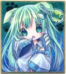  animal_ears blush_stickers chibi child dog_ears dog_tail frog green_eyes green_hair kagami_leo kemonomimi_mode kochiya_sanae oversized_clothes shikishi sleeves_past_wrists snake solo tail touhou traditional_media woof young 