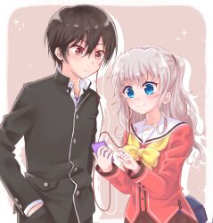  1boy 1girl blue_eyes blush border bow bowtie brown_background brown_hair charlotte_(anime) closed_mouth commentary_request cowboy_shot digital_media_player drop_shadow earphones frown gakuran grey_hair hair_between_eyes hand_in_pocket hands_up highres holding_digital_media_player hoshinoumi_academy_school_uniform long_hair long_sleeves looking_at_object noritama_(noritamago) otosaka_yuu outside_border red_eyes red_shirt sailor_collar school_uniform serafuku shared_earphones shirt short_hair sidelocks simple_background smile sparkle split_mouth tomori_nao two_side_up wavy_hair white_border white_sailor_collar yellow_bow yellow_bowtie 