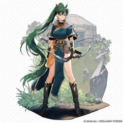  1girl absurdres animal_ears artist_request blue_dress boots bow_(weapon) breasts brown_gloves closed_mouth copyright_notice dress ear_covers english_commentary fingerless_gloves fire_emblem fire_emblem:_the_blazing_blade fire_emblem_shadows full_body fur_trim gloves grass green_eyes green_hair hair_between_eyes hairband high_ponytail highres holding holding_bow_(weapon) holding_weapon horse_ears horse_girl horse_tail knee_boots long_hair looking_at_viewer lyn_(fire_emblem) lyn_(plains_wind)_(fire_emblem) medium_breasts official_art pelvic_curtain ponytail quiver red_hairband rock rope_belt shadow short_sleeves sidelocks smile solo standing tachi-e tail tassel tent very_long_hair weapon 